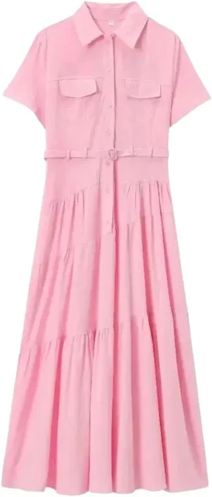 Women's Shirt Dress with Belt Lapel Short Sleeve Button Front Asymmetric Hem Long Dress Office Casual