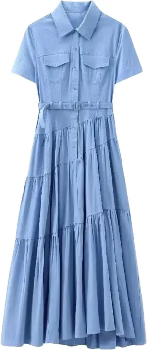 Women's Shirt Dress with Belt Lapel Short Sleeve Button Front Asymmetric Hem Long Dress Office Casual