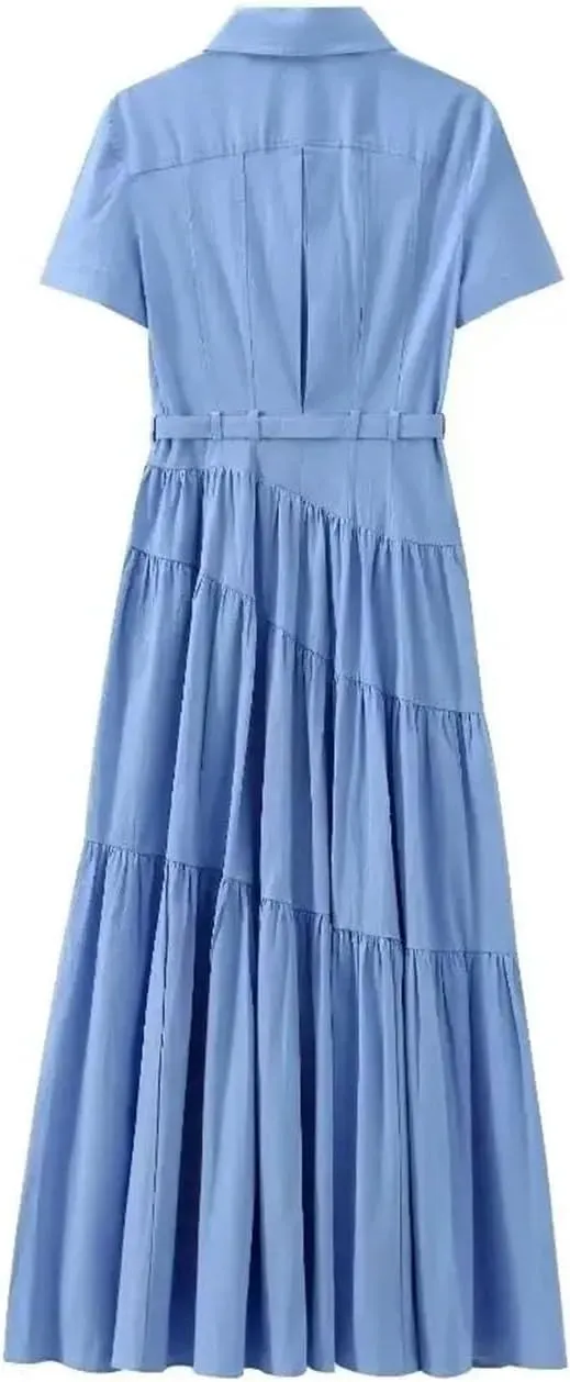 Women's Shirt Dress with Belt Lapel Short Sleeve Button Front Asymmetric Hem Long Dress Office Casual