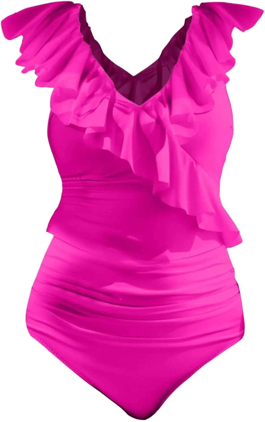 Women's Slim Fit Cute Swimsuit with Chest Pad Without Brackets Pleated V Neck Swimsuit Bikini Styler
