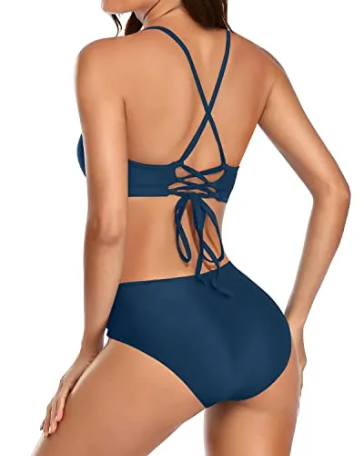Women's String Bathing Suit Halter Top Side Tie Bottom Triangle Bikini-Teal