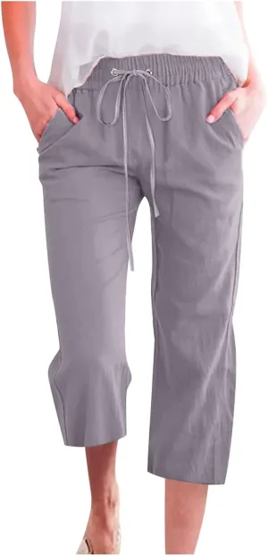 Women's Summer High Waisted Linen Palazzo Pants Wide Leg Long Tie Knot Soft Pant Trouser with Pockets