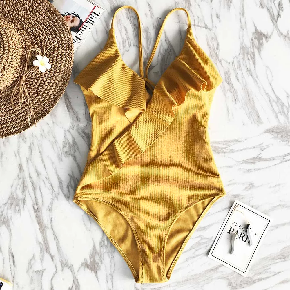 Women's Summer V-Neck Ruffled One-Piece Swimsuit