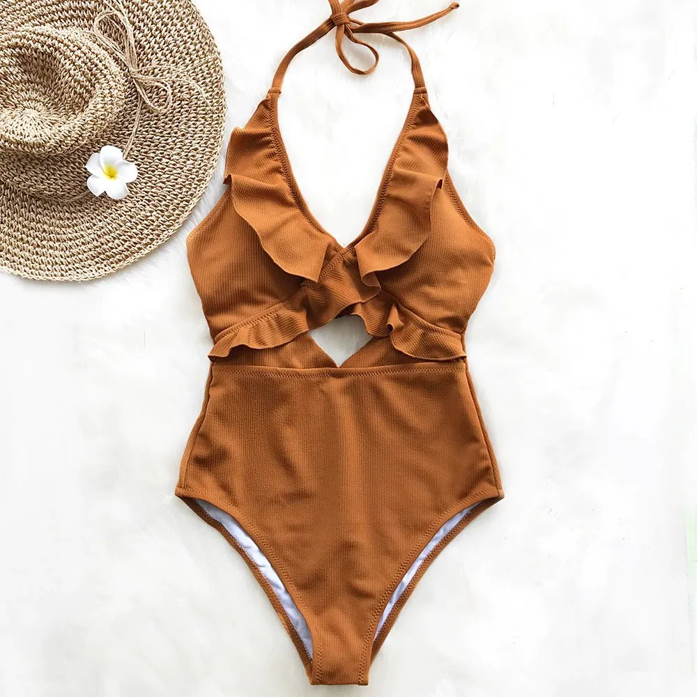 Women's Summer V-Neck Ruffled One-Piece Swimsuit
