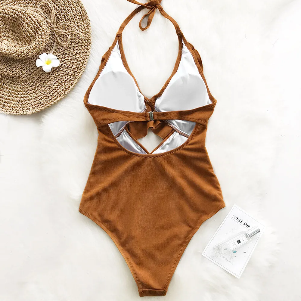 Women's Summer V-Neck Ruffled One-Piece Swimsuit