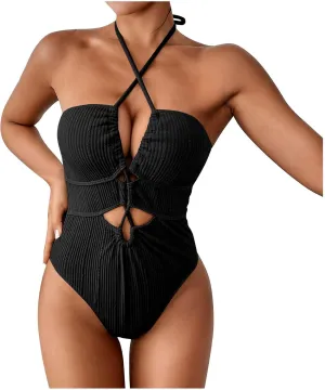 Womens Swim Suit Sexy One Piece Cutout Halter Bathing Suits Fashion Backless Tie Solid Color Tummy Control Swimsuits