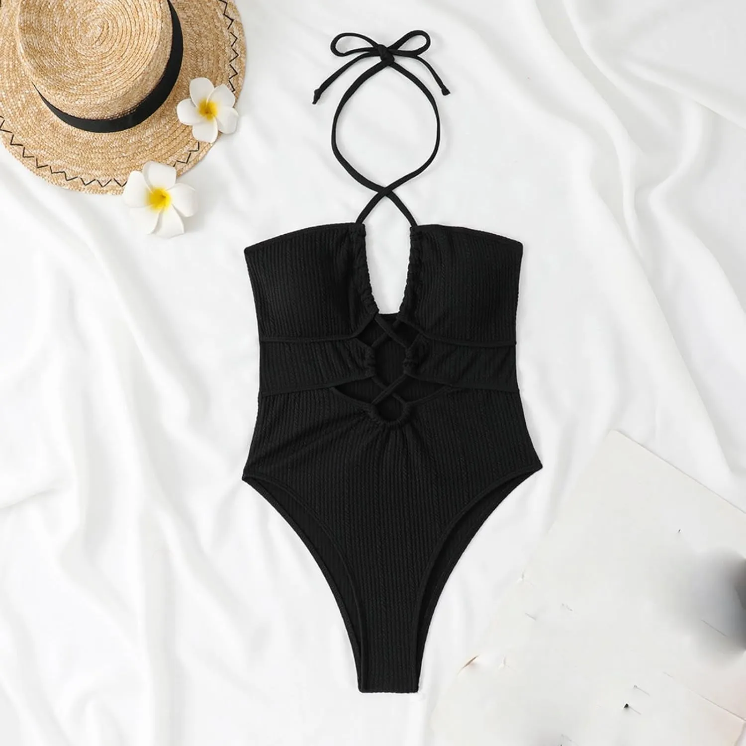 Womens Swim Suit Sexy One Piece Cutout Halter Bathing Suits Fashion Backless Tie Solid Color Tummy Control Swimsuits