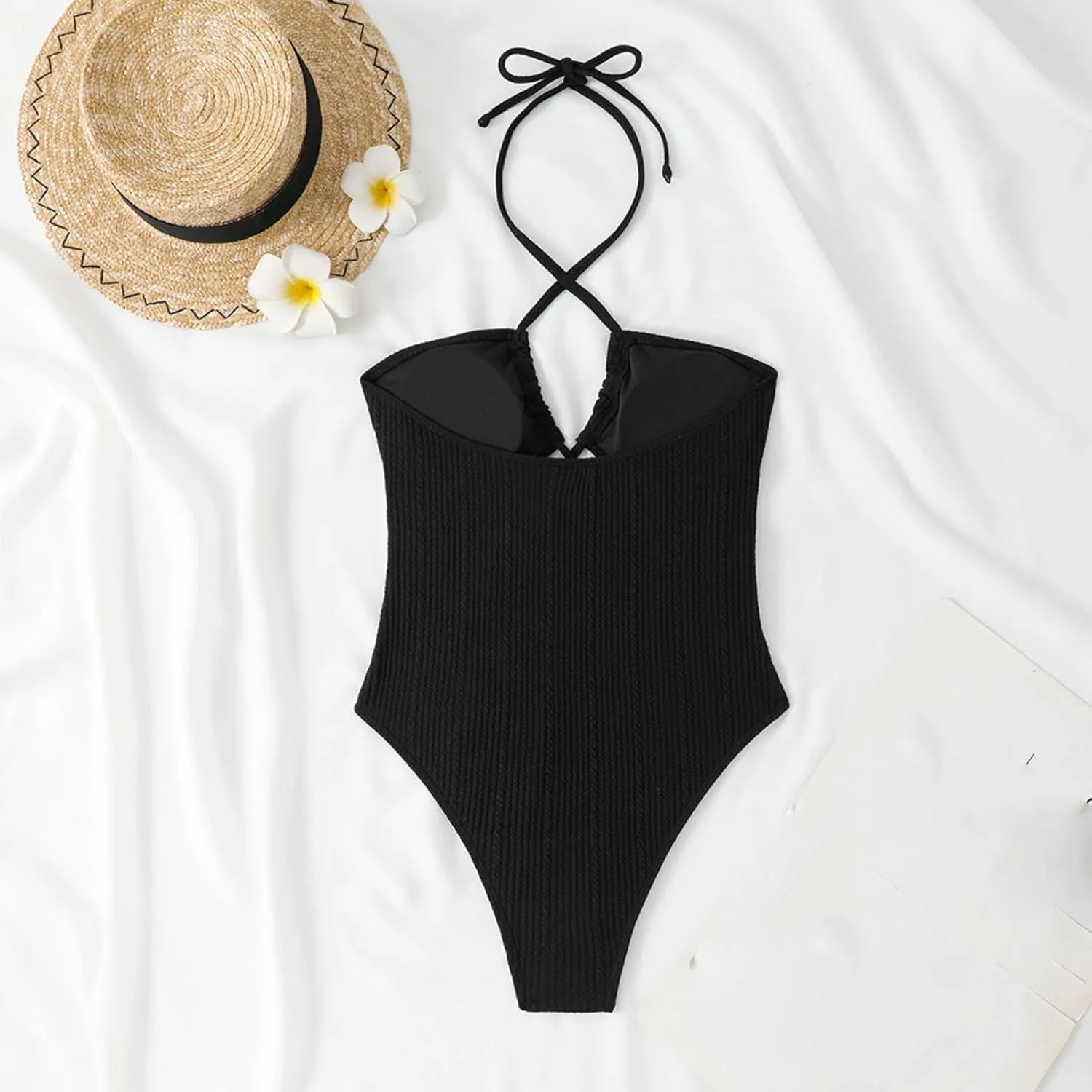 Womens Swim Suit Sexy One Piece Cutout Halter Bathing Suits Fashion Backless Tie Solid Color Tummy Control Swimsuits