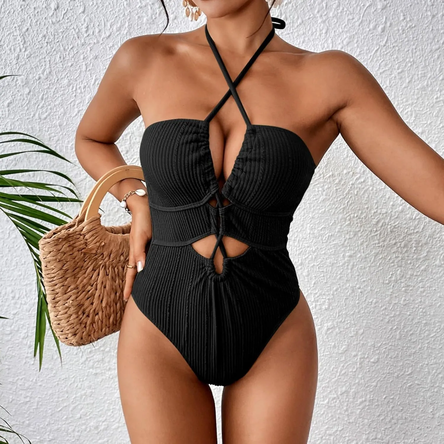 Womens Swim Suit Sexy One Piece Cutout Halter Bathing Suits Fashion Backless Tie Solid Color Tummy Control Swimsuits
