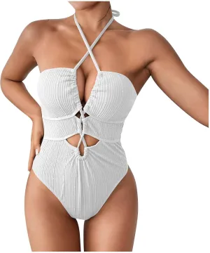 Womens Swim Suit Sexy One Piece Cutout Halter Bathing Suits Fashion Backless Tie Solid Color Tummy Control Swimsuits