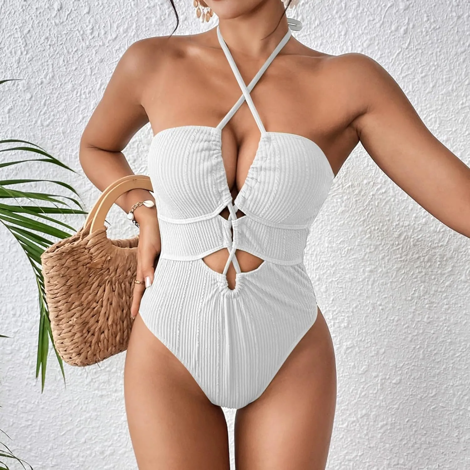 Womens Swim Suit Sexy One Piece Cutout Halter Bathing Suits Fashion Backless Tie Solid Color Tummy Control Swimsuits