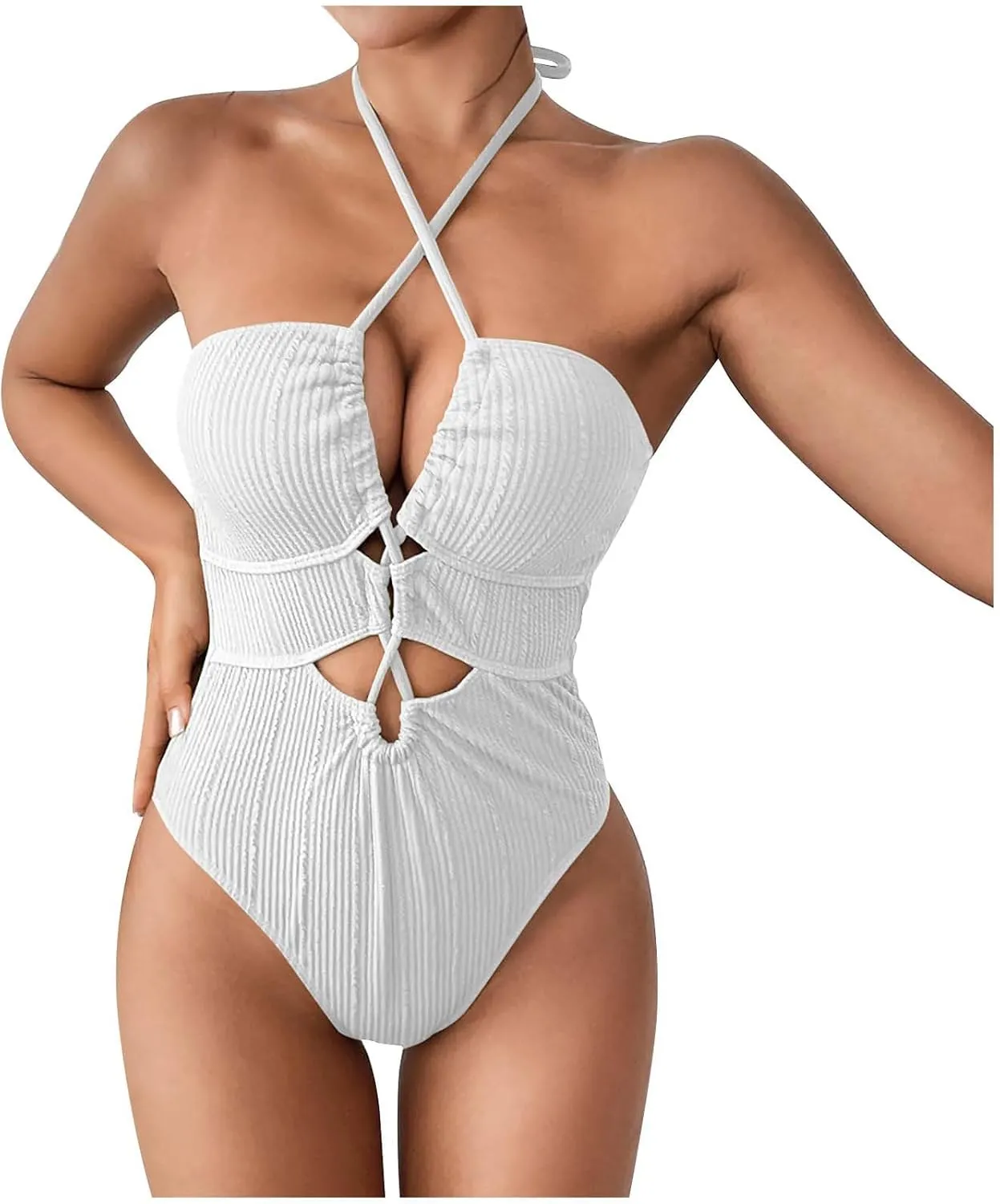 Womens Swim Suit Sexy One Piece Cutout Halter Bathing Suits Fashion Backless Tie Solid Color Tummy Control Swimsuits
