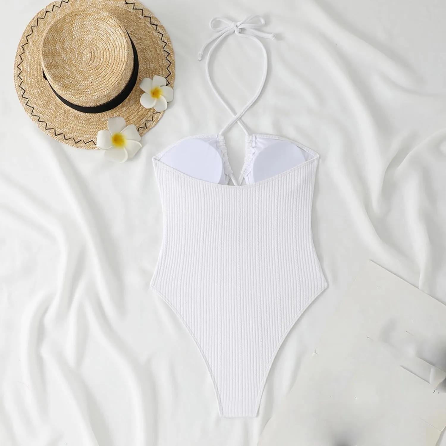 Womens Swim Suit Sexy One Piece Cutout Halter Bathing Suits Fashion Backless Tie Solid Color Tummy Control Swimsuits