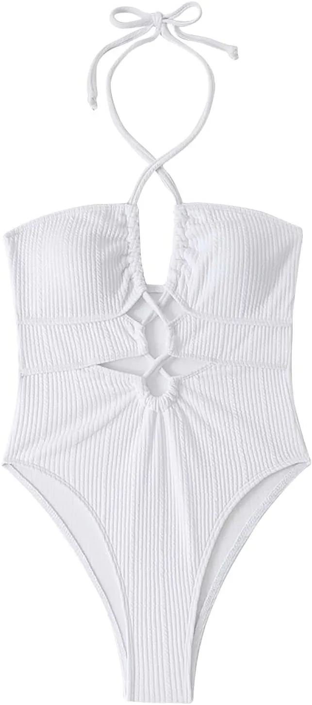 Womens Swim Suit Sexy One Piece Cutout Halter Bathing Suits Fashion Backless Tie Solid Color Tummy Control Swimsuits