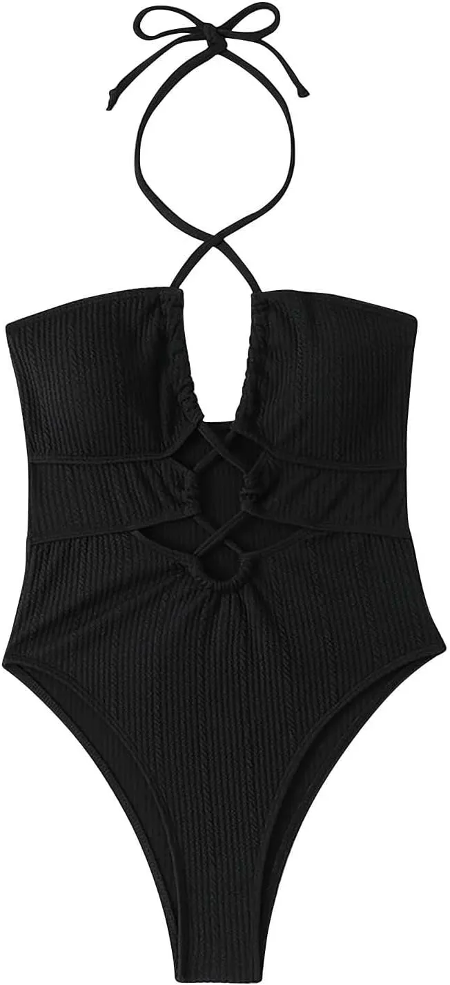 Womens Swim Suit Sexy One Piece Cutout Halter Bathing Suits Fashion Backless Tie Solid Color Tummy Control Swimsuits