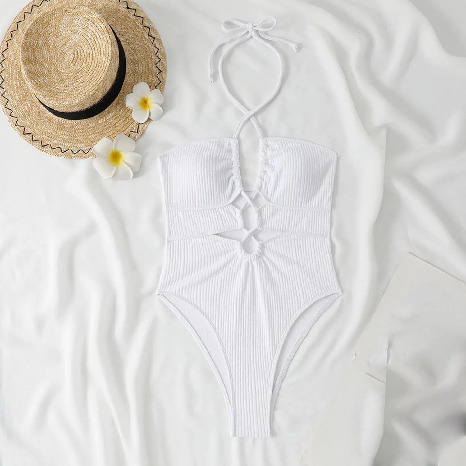 Womens Swim Suit Sexy One Piece Cutout Halter Bathing Suits Fashion Backless Tie Solid Color Tummy Control Swimsuits