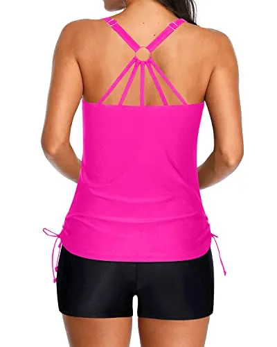 Womens Swimming Suits Tankini Adjustable Strappy Back-Neon Pink And Black