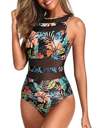 Women's Swimwear With Mesh Accents Open Back Swimwear-Black Red Flower