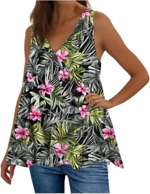 Womens Tank Tops 2025 Summer Dressy Casual V Neck Floral Print Blouses Sleeveless Pleated Trendy Outfits Clothes