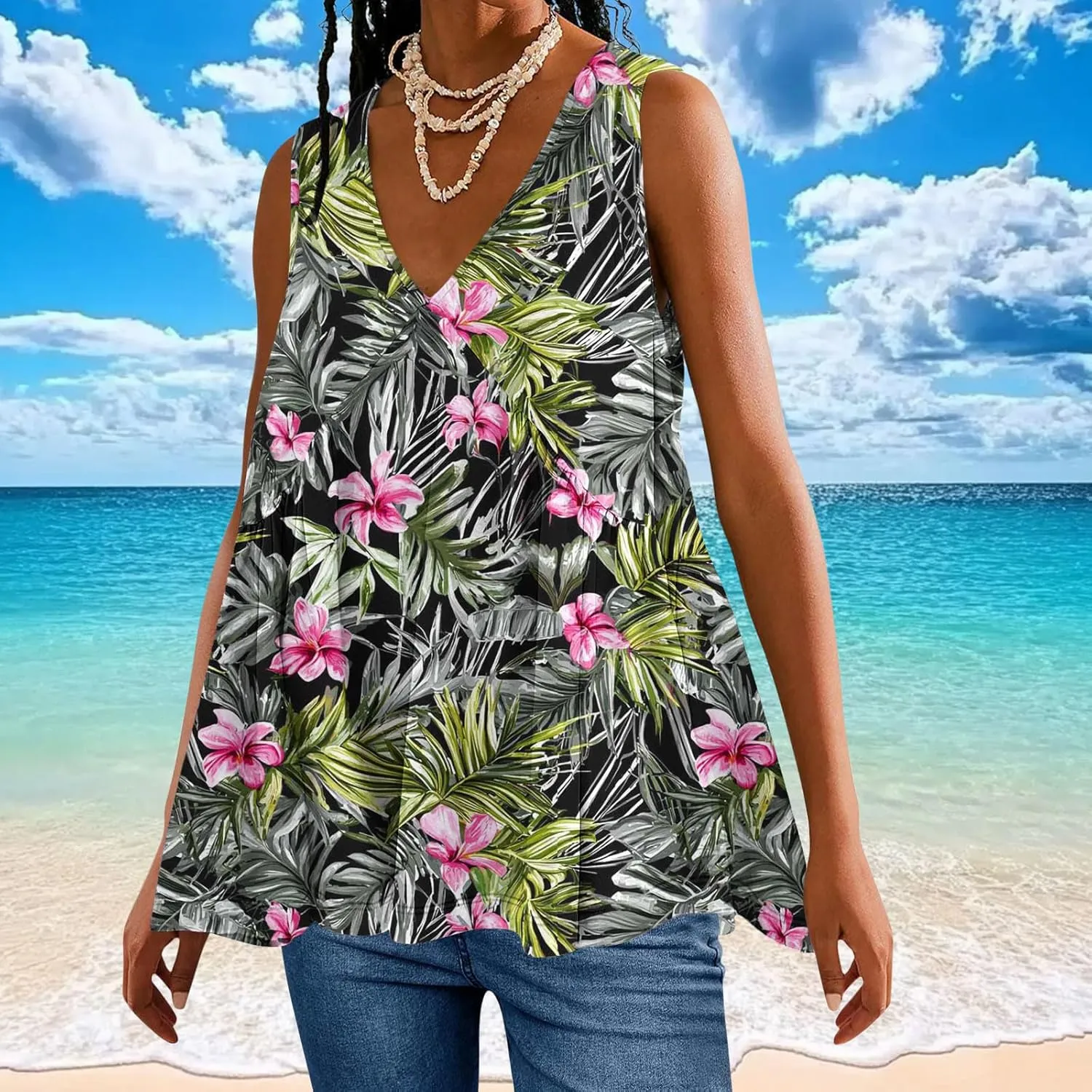 Womens Tank Tops 2025 Summer Dressy Casual V Neck Floral Print Blouses Sleeveless Pleated Trendy Outfits Clothes