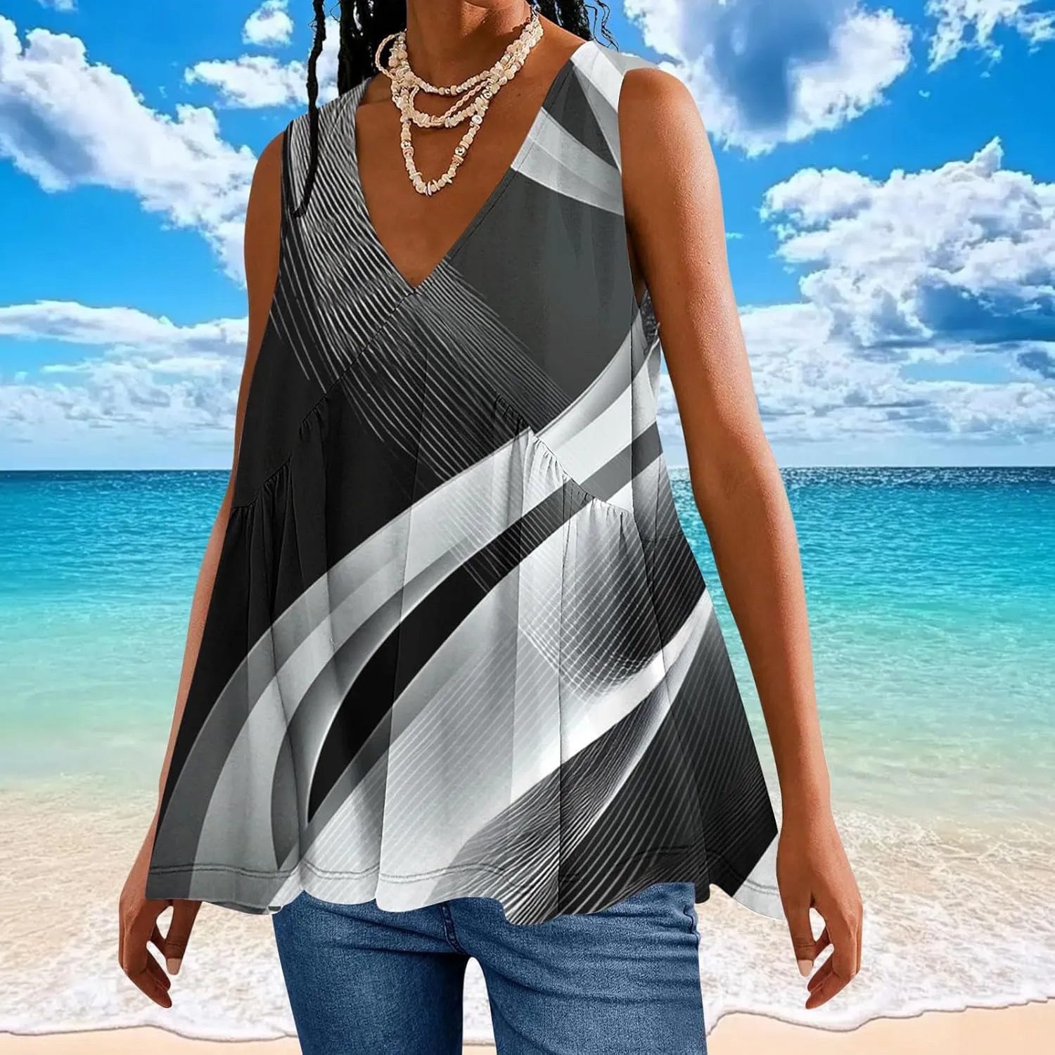 Womens Tank Tops Dressy Casual Sleeveless Printed Pleated Hawaiian Shirt V Neck Loose Beach Fashion Summer Tank Top