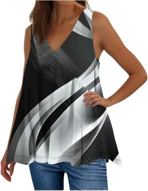 Womens Tank Tops Dressy Casual Sleeveless Printed Pleated Hawaiian Shirt V Neck Loose Beach Fashion Summer Tank Top