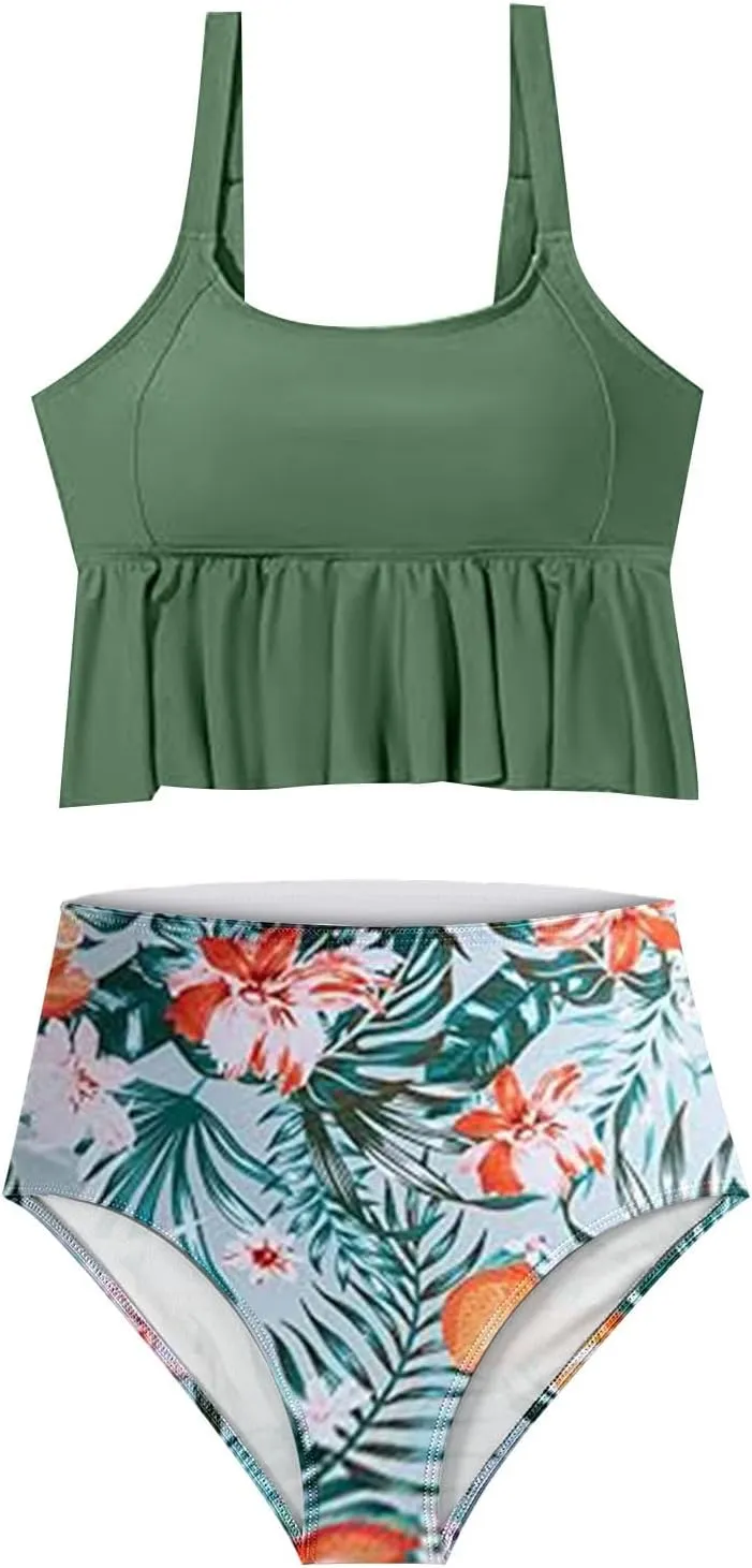 Womens Tankini Set Tropical Hawaii High Waisted Bikini Bathing Suits 2 Piece Swim Tank Top with Boy Shorts Swimsuits
