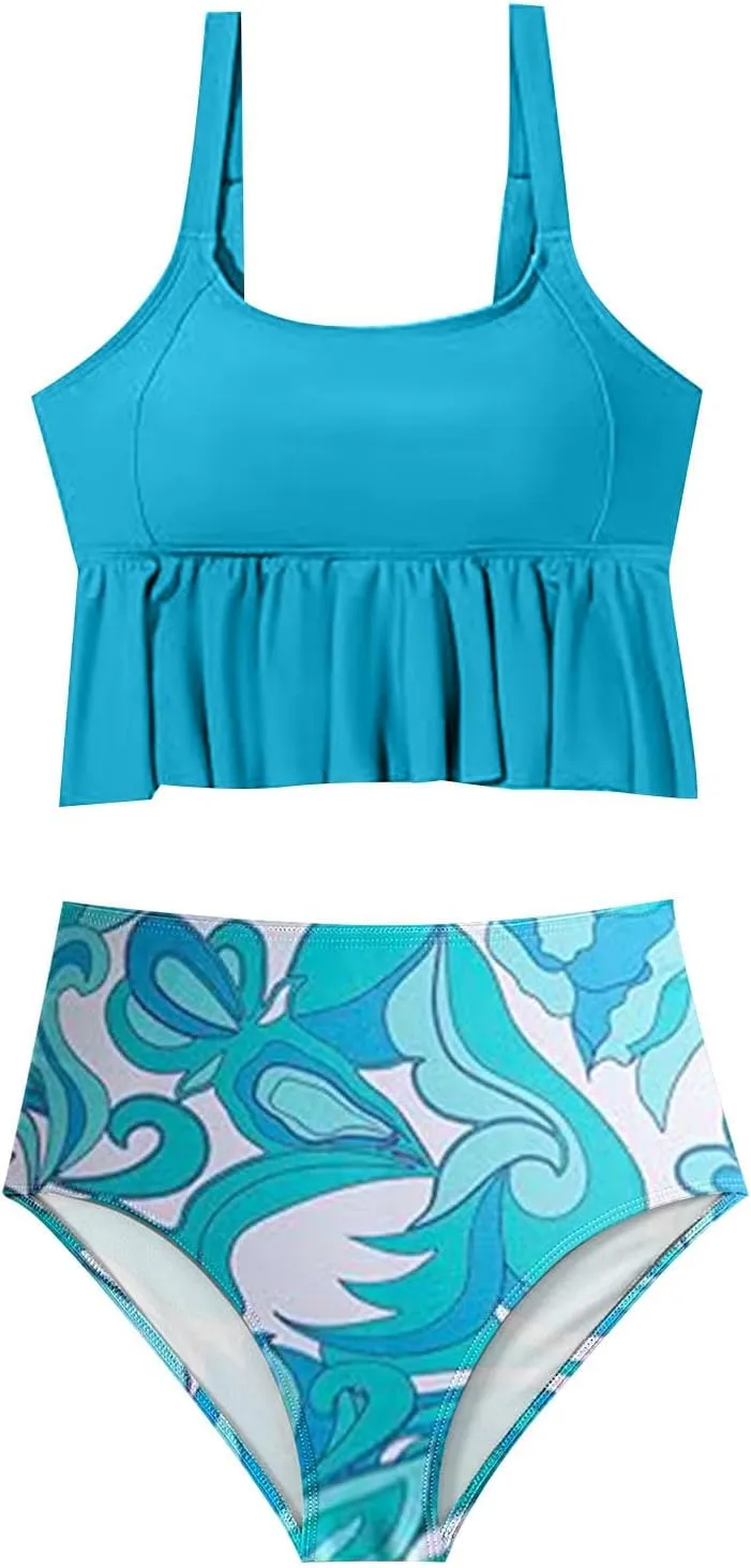 Womens Tankini Set Tropical Hawaii High Waisted Bikini Bathing Suits 2 Piece Swim Tank Top with Boy Shorts Swimsuits
