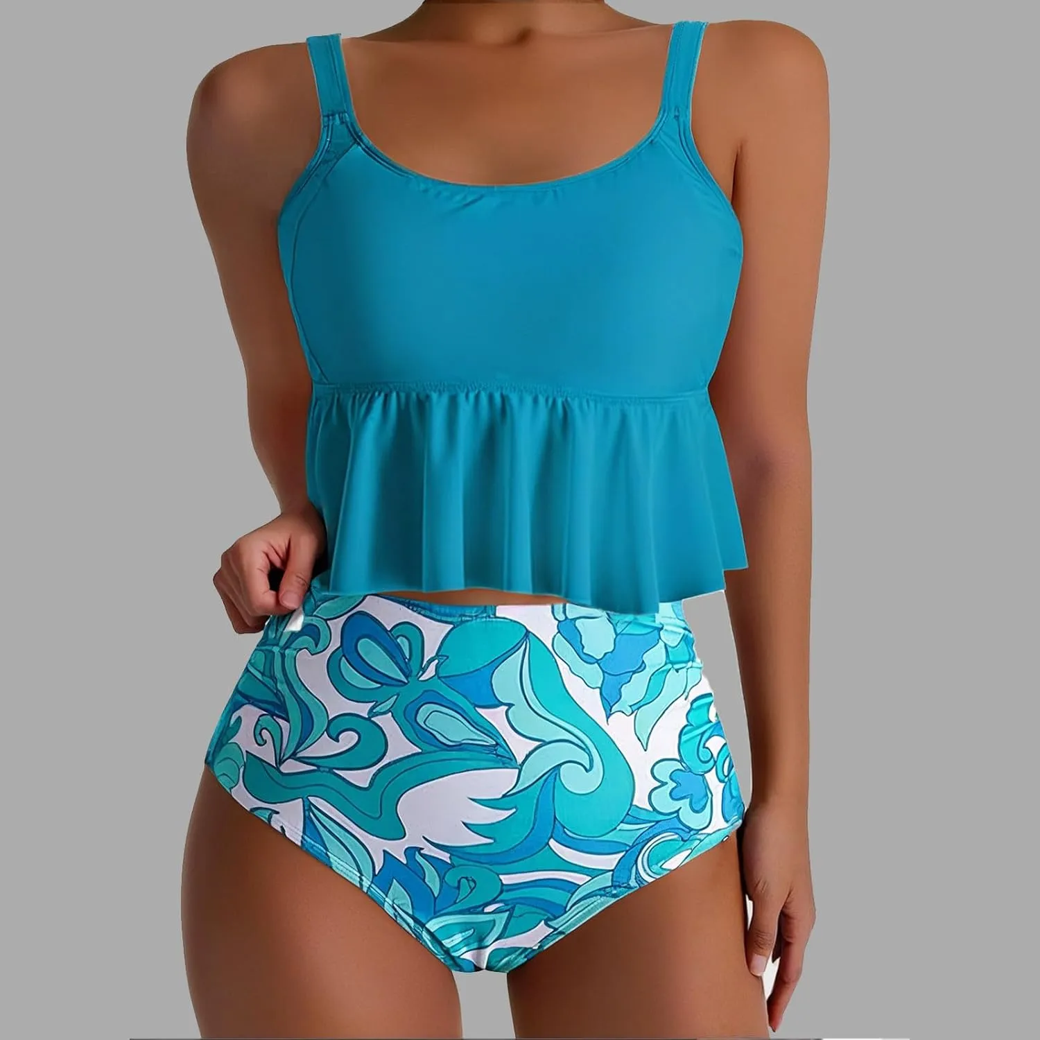 Womens Tankini Set Tropical Hawaii High Waisted Bikini Bathing Suits 2 Piece Swim Tank Top with Boy Shorts Swimsuits