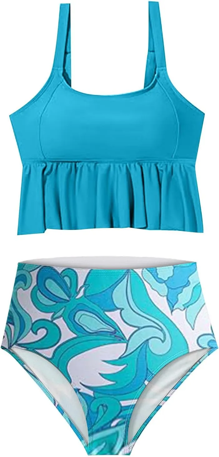 Womens Tankini Set Tropical Hawaii High Waisted Bikini Bathing Suits 2 Piece Swim Tank Top with Boy Shorts Swimsuits