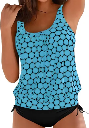 Womens Tankini Sets Scoop Neck Blouson Swim Tank Top with Shorts 2 Piece Swimsuit Summer Beach Modest Bathing Suits