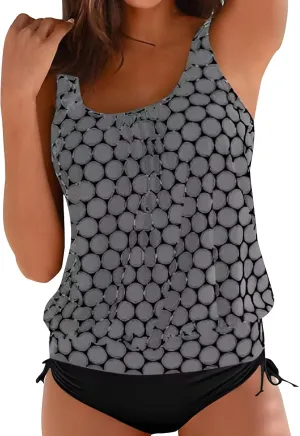 Womens Tankini Sets Scoop Neck Blouson Swim Tank Top with Shorts 2 Piece Swimsuit Summer Beach Modest Bathing Suits