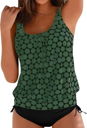 Womens Tankini Sets Scoop Neck Blouson Swim Tank Top with Shorts 2 Piece Swimsuit Summer Beach Modest Bathing Suits