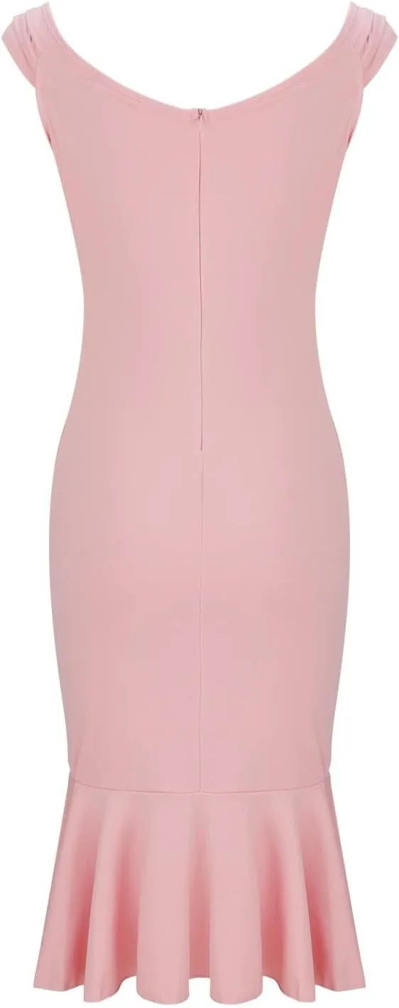 Women's Tiered Shoulder Midi Dresses Asymmetric Split Ruffle Hem Zipper Back Bodycon Boat Neck Sleeveless Dress