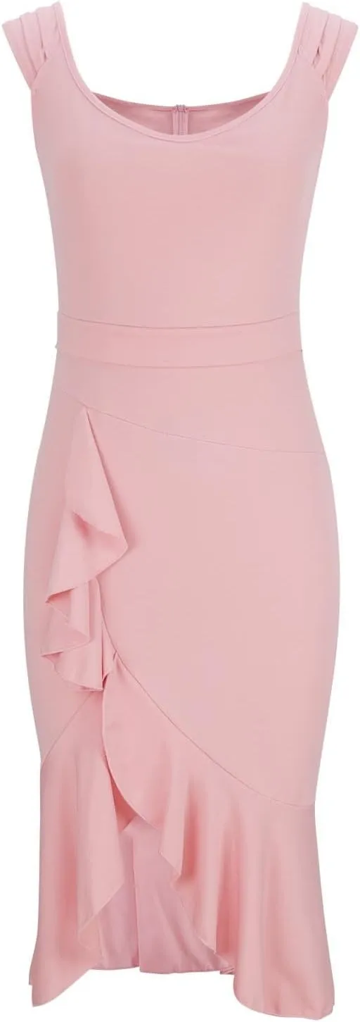 Women's Tiered Shoulder Midi Dresses Asymmetric Split Ruffle Hem Zipper Back Bodycon Boat Neck Sleeveless Dress