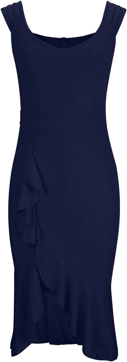 Women's Tiered Shoulder Midi Dresses Asymmetric Split Ruffle Hem Zipper Back Bodycon Boat Neck Sleeveless Dress
