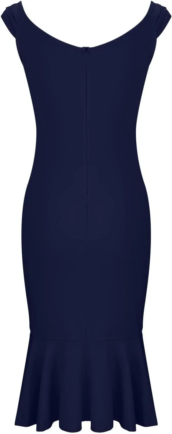 Women's Tiered Shoulder Midi Dresses Asymmetric Split Ruffle Hem Zipper Back Bodycon Boat Neck Sleeveless Dress