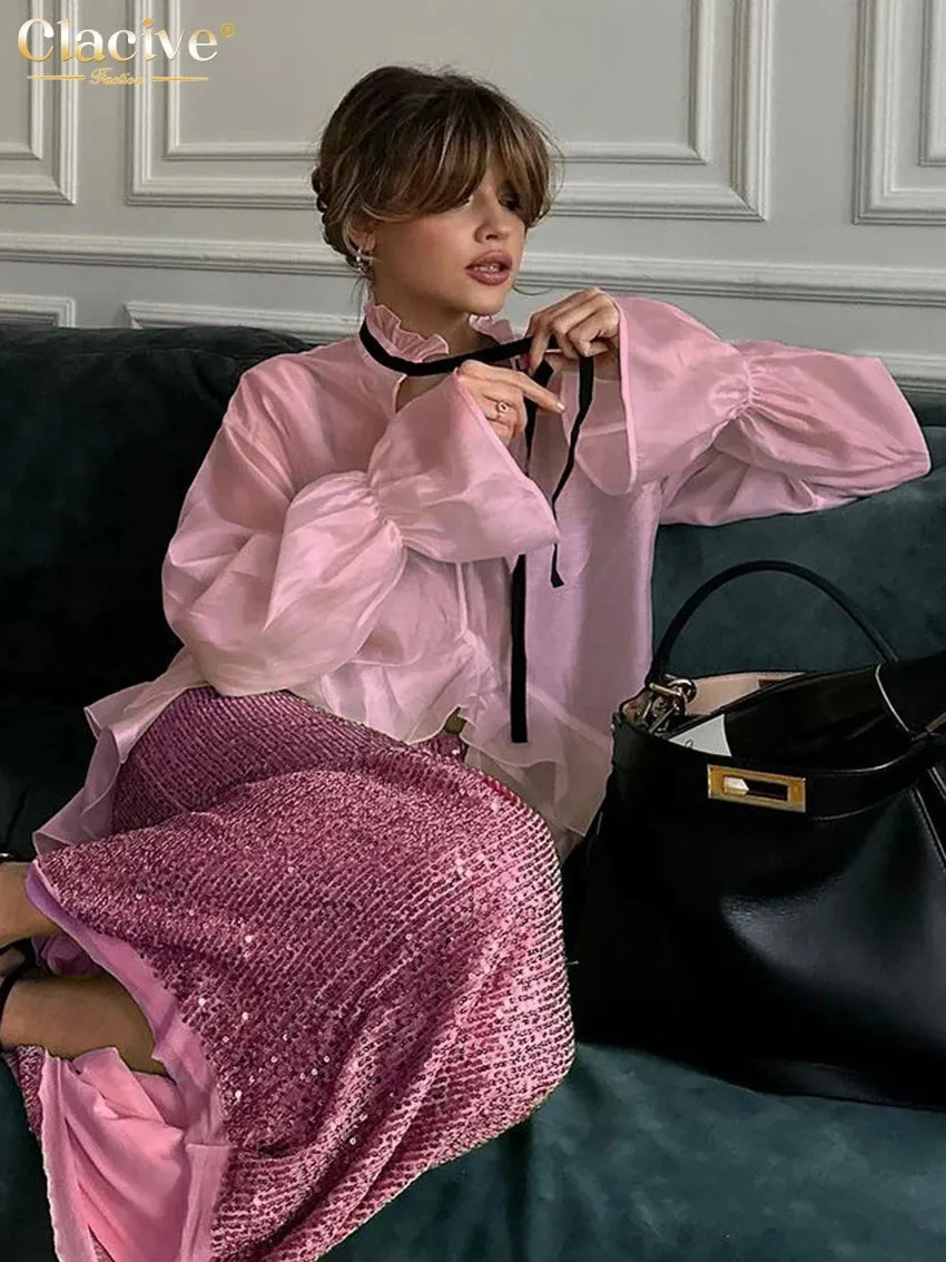 Women's Transparent Mesh Fashion Designer Ruffle Trim Long-Sleeve Tops
