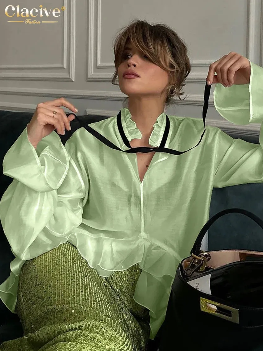 Women's Transparent Mesh Fashion Designer Ruffle Trim Long-Sleeve Tops