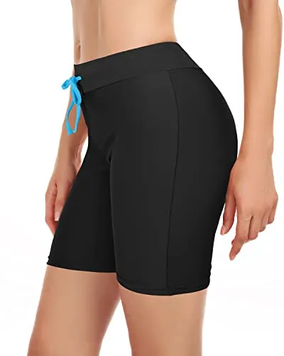 Women's Tummy Control Boy Shorts Swimsuit Long Board Shorts-Black
