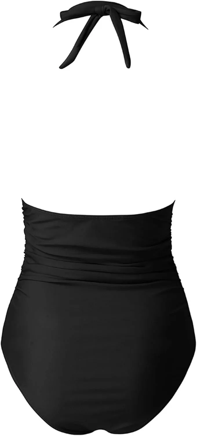 Women's Tummy Control Monokinis Swimsuits One Piece Neon Color Block Swimwear Deep V Neck Slimming Bathing Suit