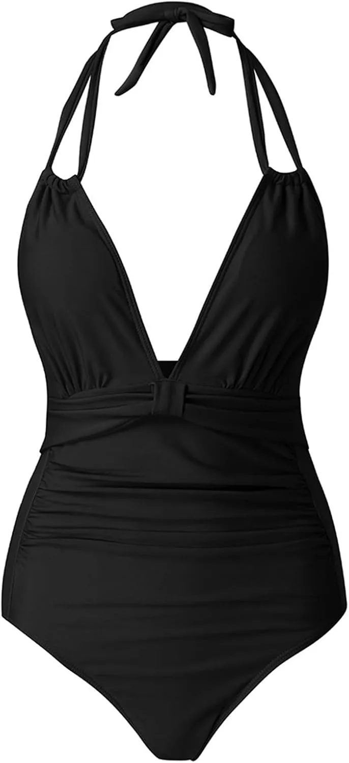 Women's Tummy Control Monokinis Swimsuits One Piece Neon Color Block Swimwear Deep V Neck Slimming Bathing Suit