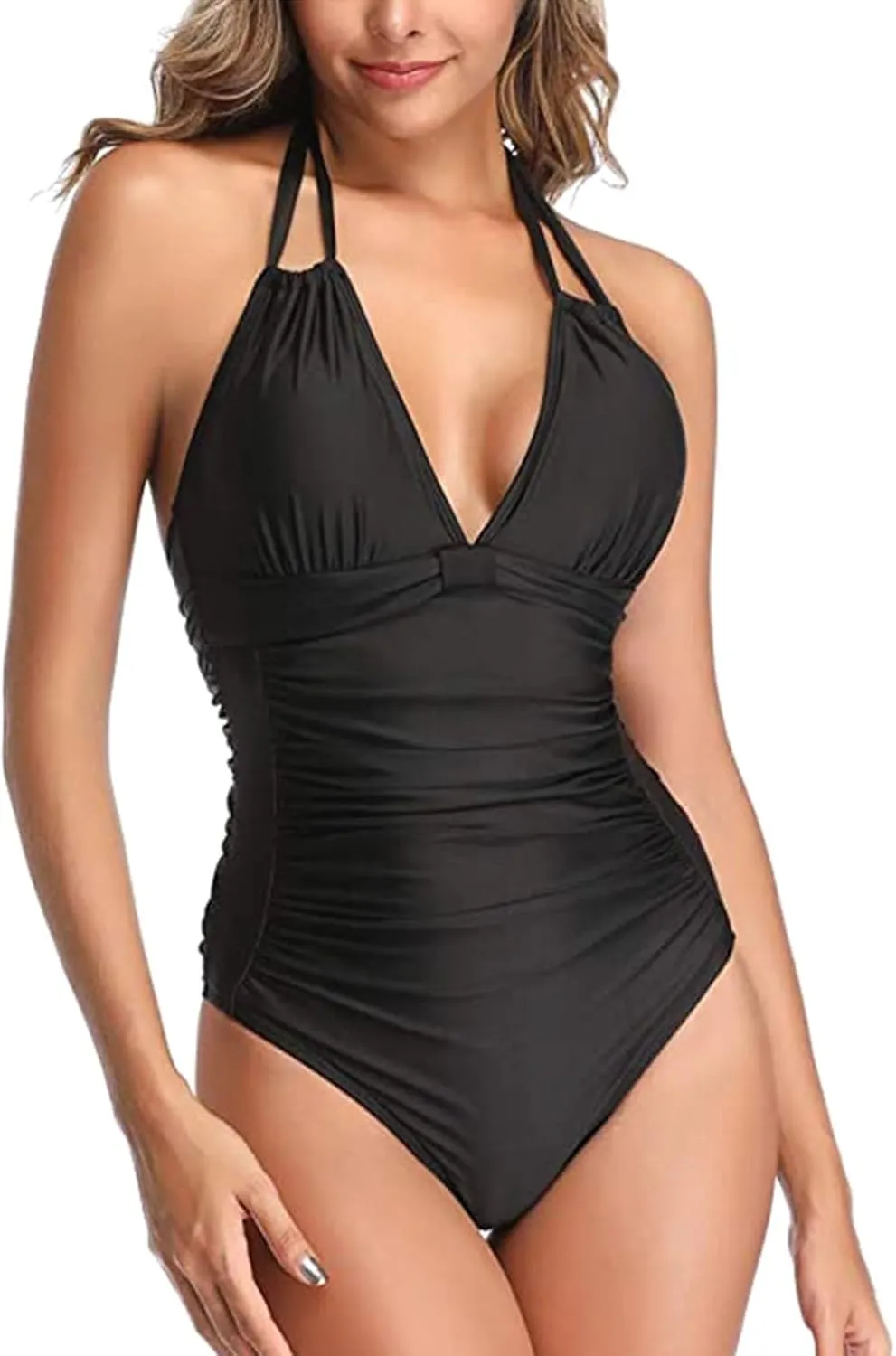 Women's Tummy Control Monokinis Swimsuits One Piece Neon Color Block Swimwear Deep V Neck Slimming Bathing Suit