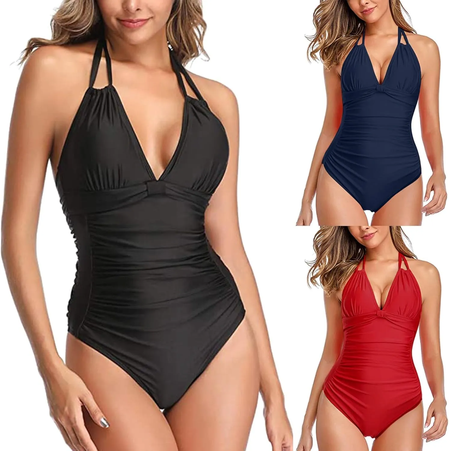 Women's Tummy Control Monokinis Swimsuits One Piece Neon Color Block Swimwear Deep V Neck Slimming Bathing Suit