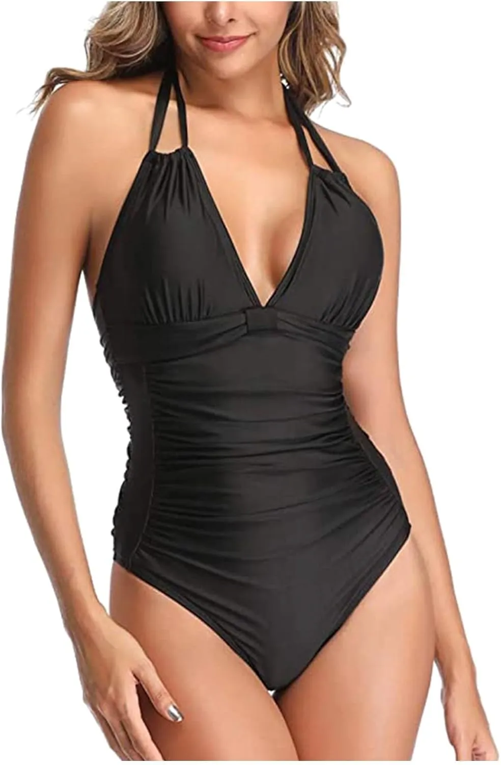 Women's Tummy Control Monokinis Swimsuits One Piece Neon Color Block Swimwear Deep V Neck Slimming Bathing Suit