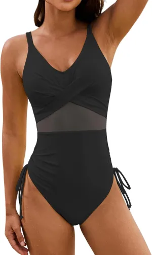 Women's Tummy Control Swimsuits High Neck Plunge Bathing Suit Tummy Control Retro Ruched Swimsuit Vintage Swimwear
