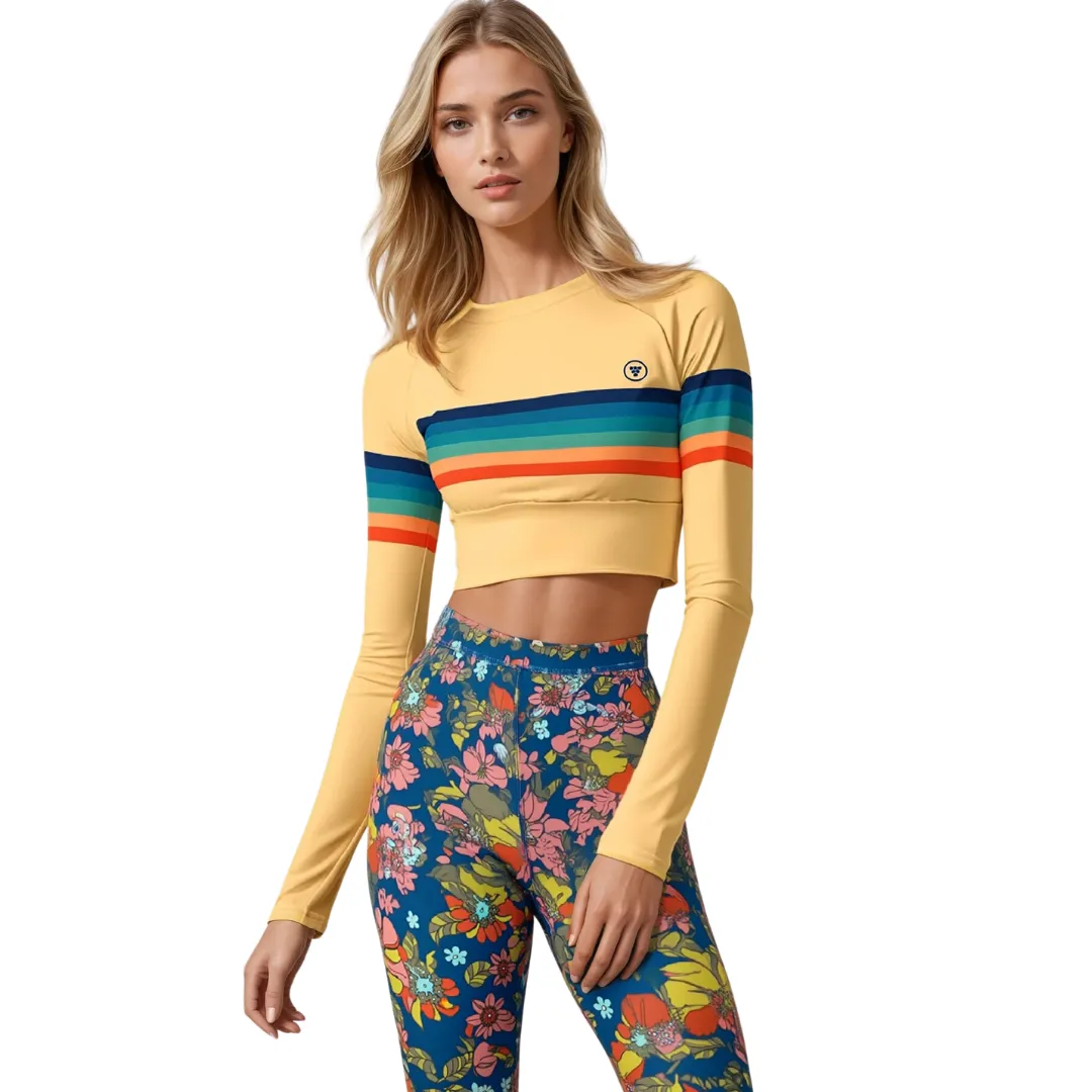 Women's UPF 50 70s Stripe Cropped Rash  Guard, Sunrise Stripes