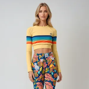 Women's UPF 50 70s Stripe Cropped Rash  Guard, Sunrise Stripes