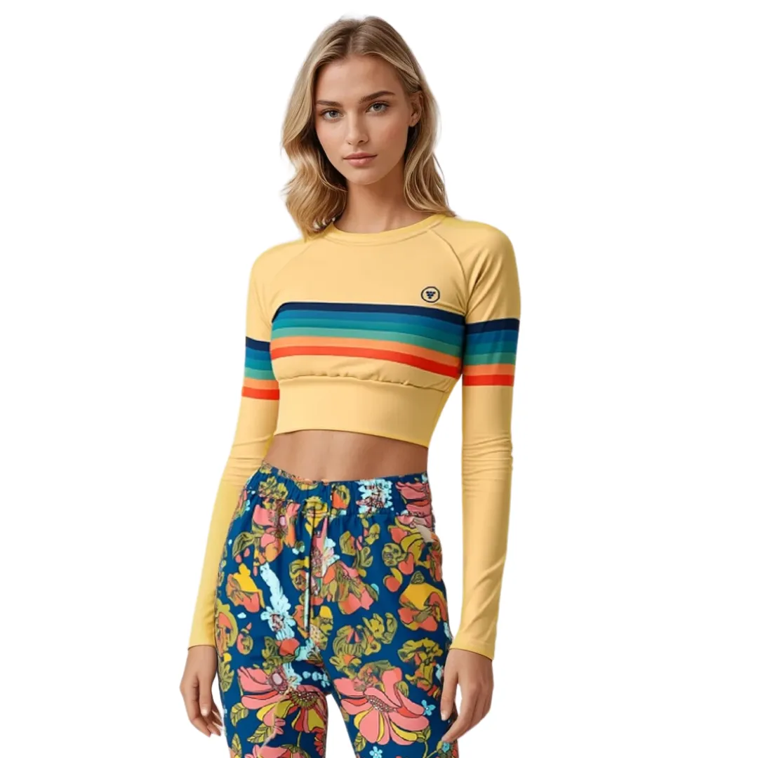 Women's UPF 50 70s Stripe Cropped Rash  Guard, Sunrise Stripes