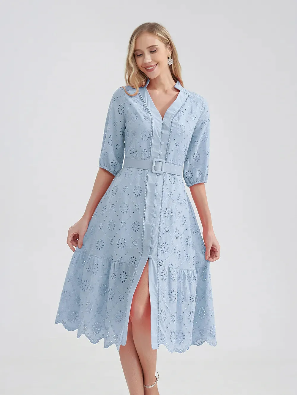 Women's V-Neck Button A-line Fashion Designer Dresses (Midi)